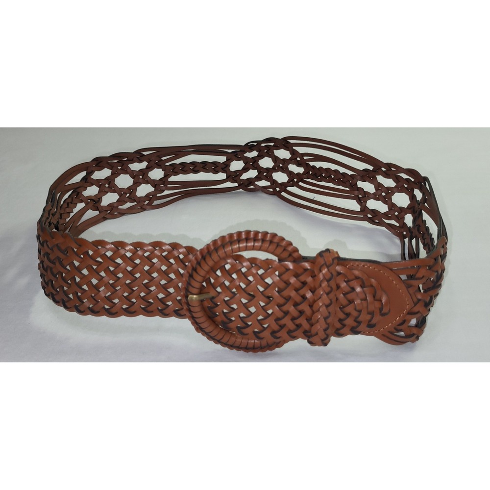 GAP Belt Women Medium Brown Genuine Leather Braided Woven Boho Round Buckle